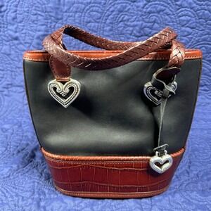 Vintage Mini Brighton Black Leather Heart‎ Charm Bucket Tote Bag